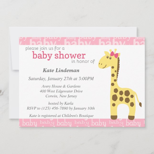 Invitación Baby Shower de Jirafa con Lazo Rosa para Niña (Anverso)