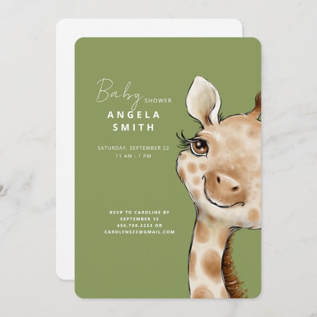 Invitación Baby Shower de jirafa de bebé verde de Cute Moss (Anverso / Reverso)