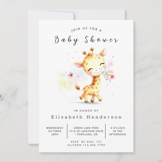 Invitación Baby Shower de jirafa editable clásico (Anverso)