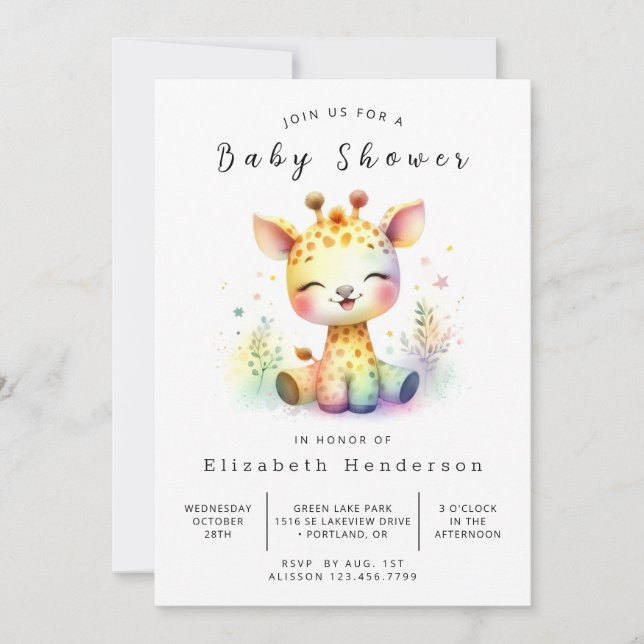 Invitación Baby Shower de jirafa editable de estilo rústico (Anverso)