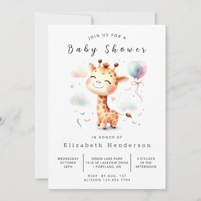 Invitación Baby Shower de jirafa editable encantada (Anverso)