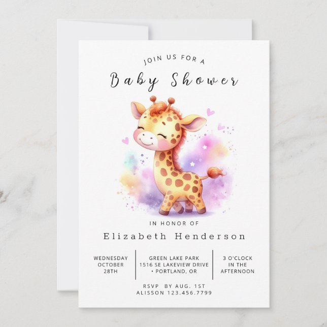 Invitación Baby Shower de jirafa editable encantada (Anverso)