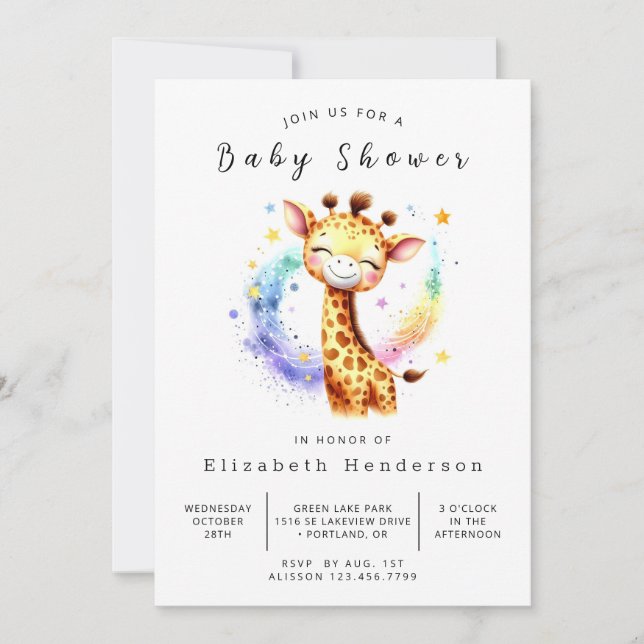 Invitación Baby Shower de jirafa editable neutra de género (Anverso)