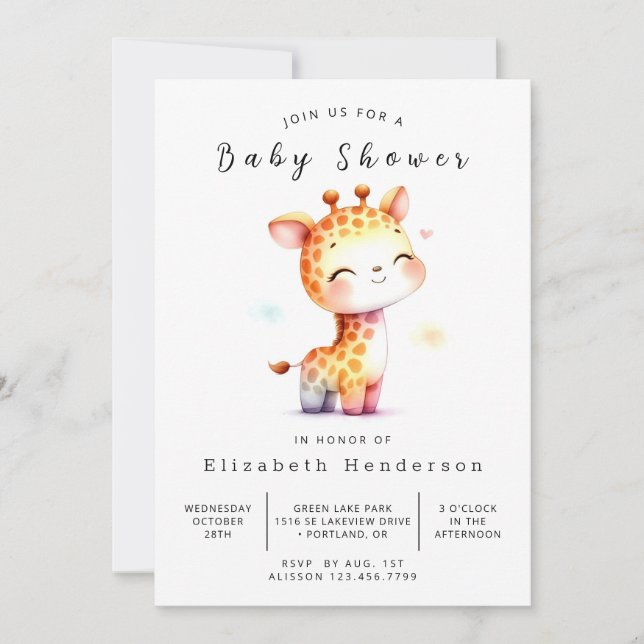 Invitación Baby Shower de jirafa editable único (Anverso)