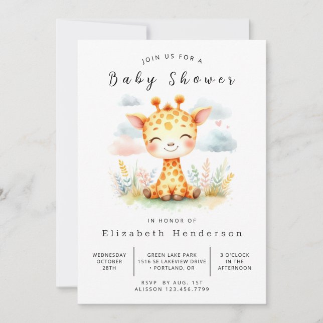 Invitación Baby Shower de jirafa impermeable (Anverso)