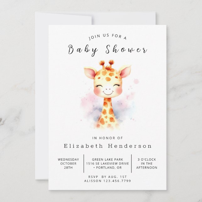 Invitación Baby Shower de jirafa impresa feliz (Anverso)