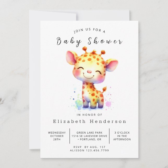 Invitación Baby Shower de jirafa impresa feliz (Anverso)