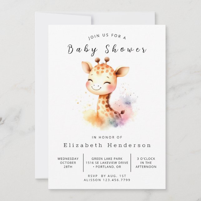 Invitación Baby Shower de jirafa imprimible encantado (Anverso)