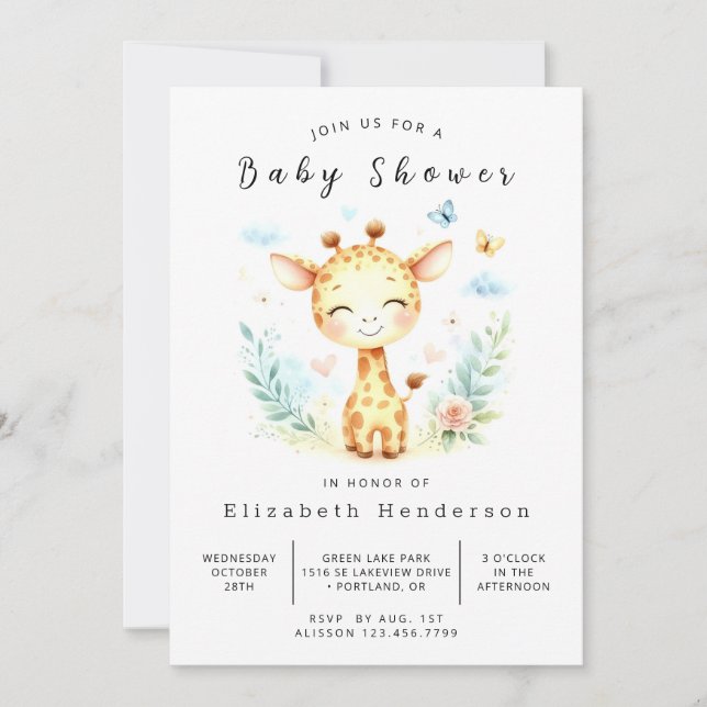 Invitación Baby Shower de jirafa imprimible moderno (Anverso)