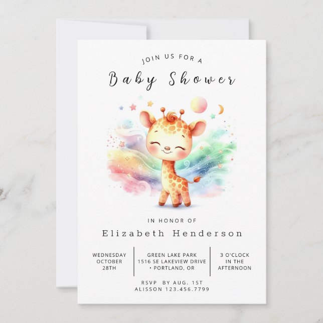 Invitación Baby Shower de jirafa imprimible y rústico (Anverso)