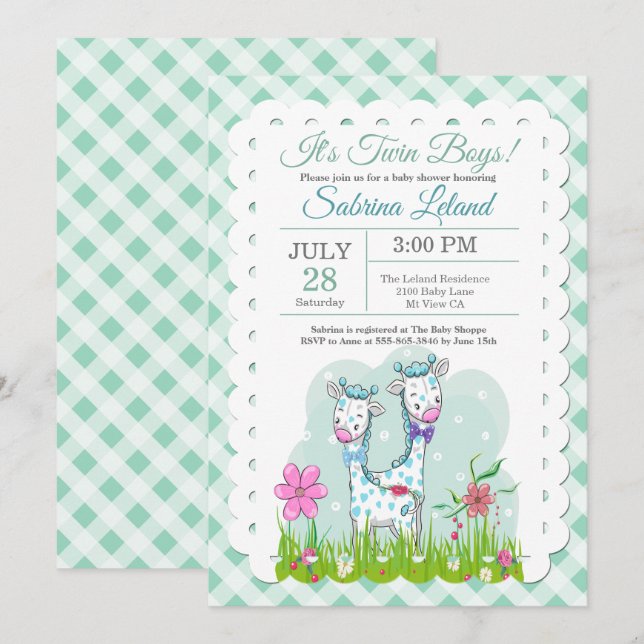 Invitación Baby Shower de jirafas adorables para niños gemelo (Anverso / Reverso)