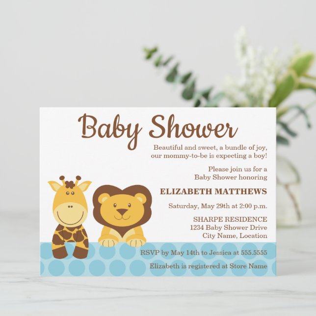 Invitación Baby Shower de jirafas y animales leones (Anverso de pie)