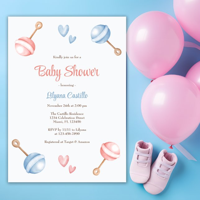 Invitación Baby Shower de juguetes modernos de bebé rosa azul (Subido por el creador)