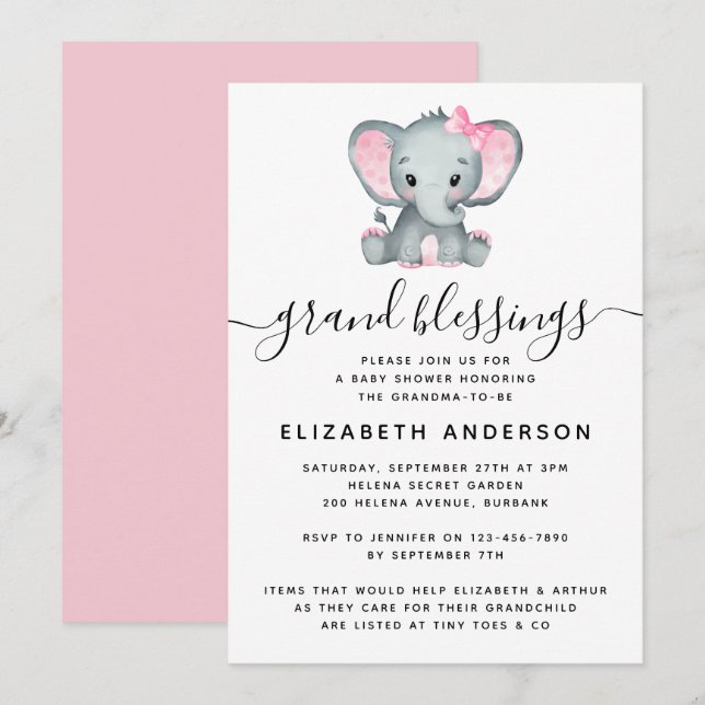 Invitación Baby Shower de la abuela del Elefante Rosa (Anverso / Reverso)