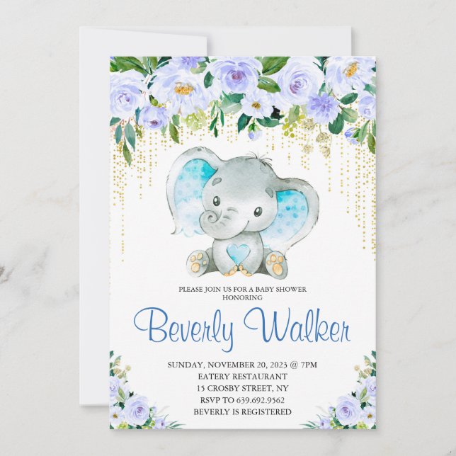 Invitación Baby Shower de la acuarela del elefante del niño (Anverso)