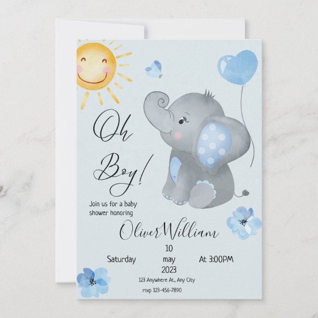 Invitación Baby Shower de la acuarela del elefante del niño (Anverso)