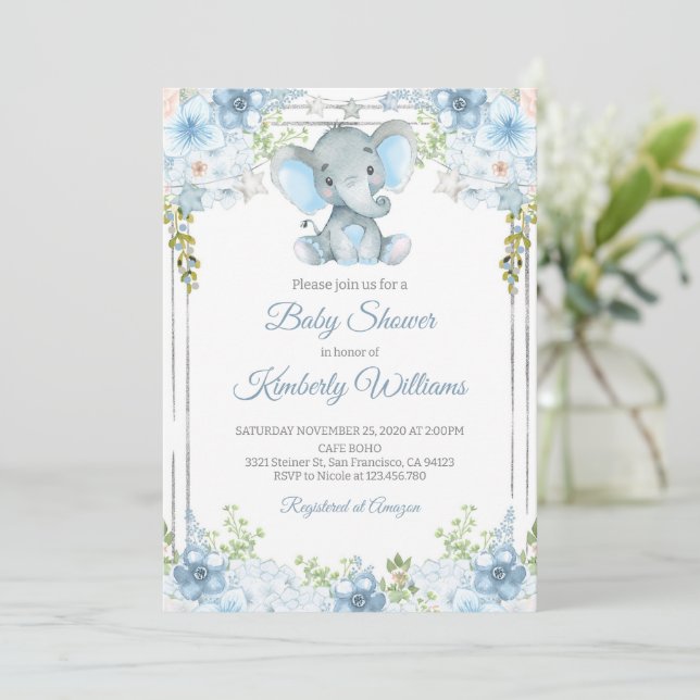 Invitación Baby Shower de la acuarela del elefante del niño (Anverso de pie)