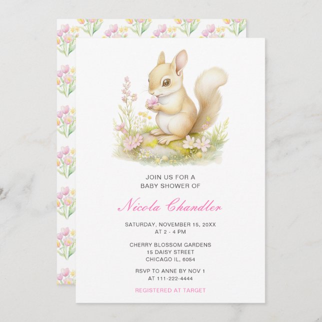 Invitación Baby Shower de la ardilla de primavera (Anverso / Reverso)