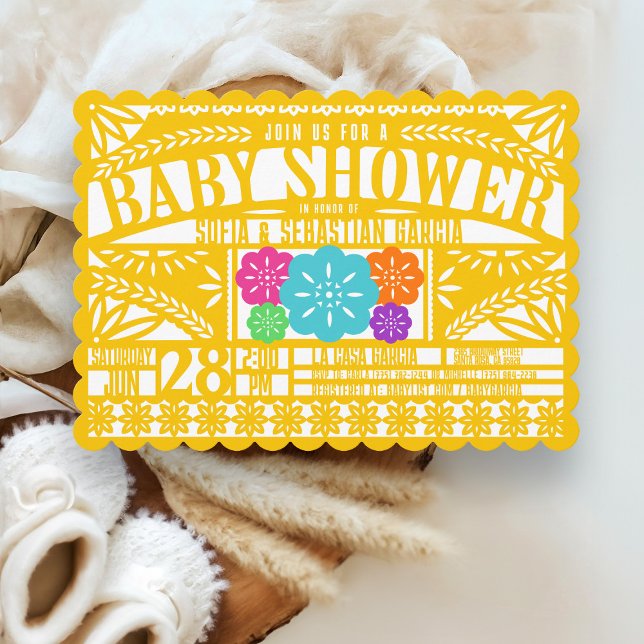 Invitación Baby Shower de la bandera de la Fiesta del Papel P (Festive bright colorful yellow gold Mexican fiesta Papel Picado gender neutral baby shower invite)
