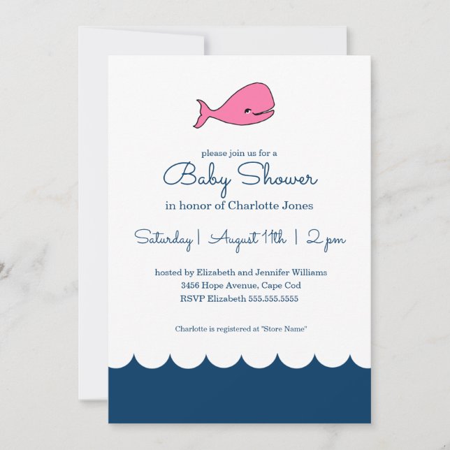 Invitación Baby Shower de la bebé de ballena rosa (Anverso)