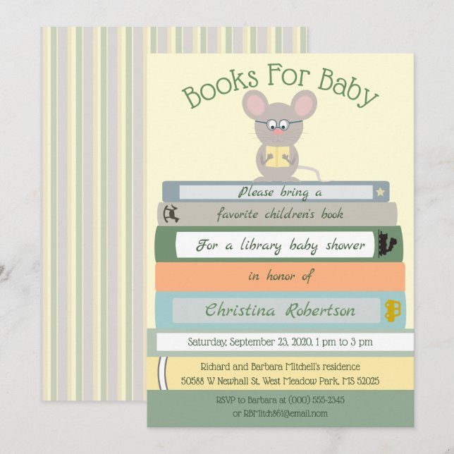Invitación Baby Shower de la biblioteca de mouse cuta (Anverso / Reverso)