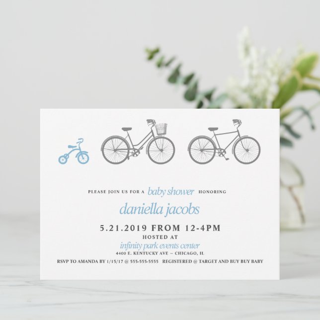 Invitación Baby Shower de la bicicleta azul (Anverso de pie)