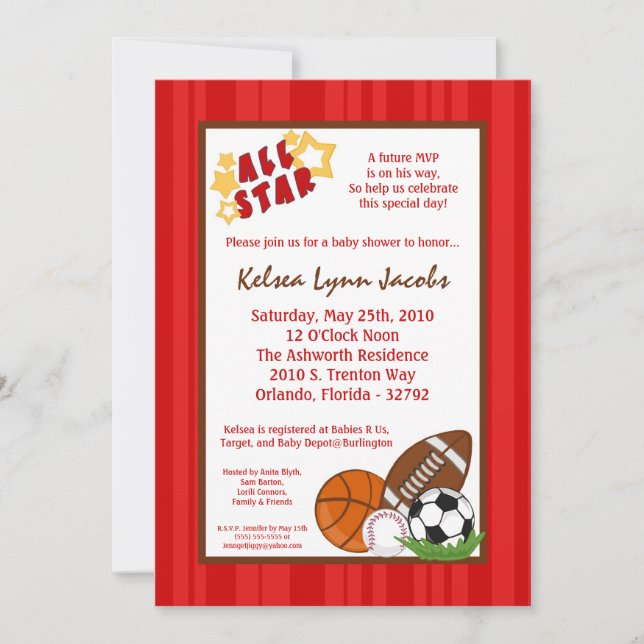 Invitación Baby Shower de la bola deportiva de Sta (Anverso)