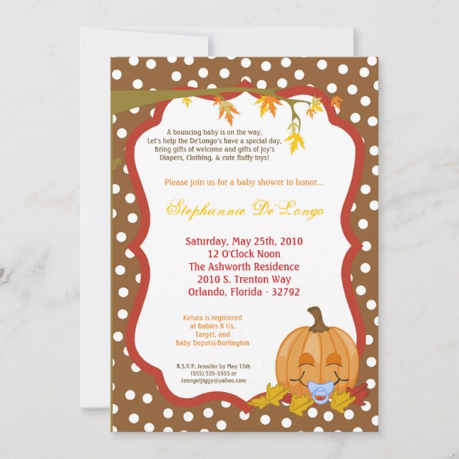 Invitación Baby Shower de la calabaza de otoño de  (Anverso)