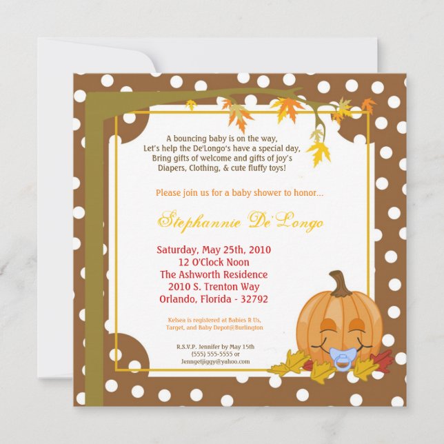 Invitación Baby Shower de la calabaza de otoño de  (Anverso)