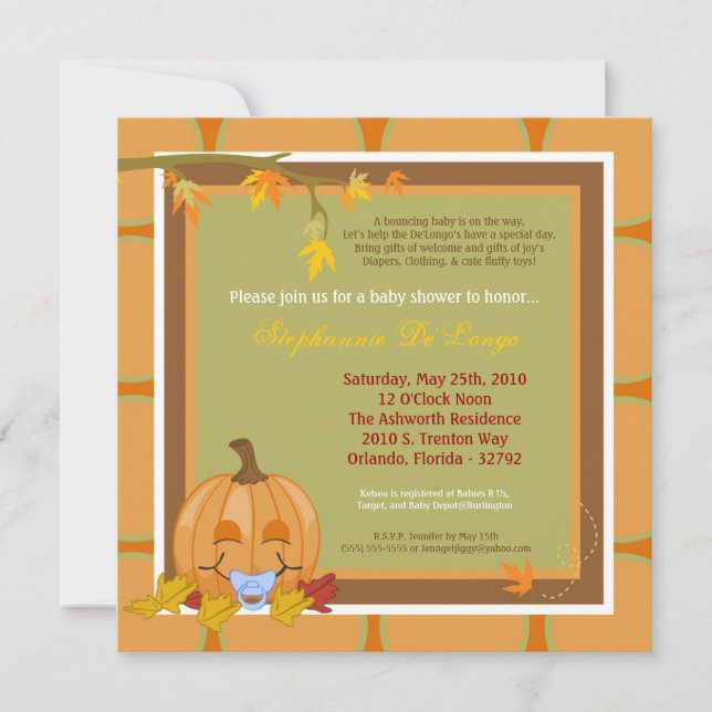 Invitación Baby Shower de la calabaza de otoño de  (Anverso)