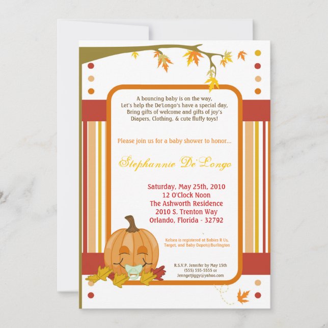 Invitación Baby Shower de la calabaza de otoño de  (Anverso)
