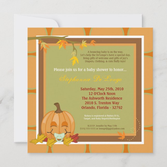 Invitación Baby Shower de la calabaza de otoño de  (Anverso)
