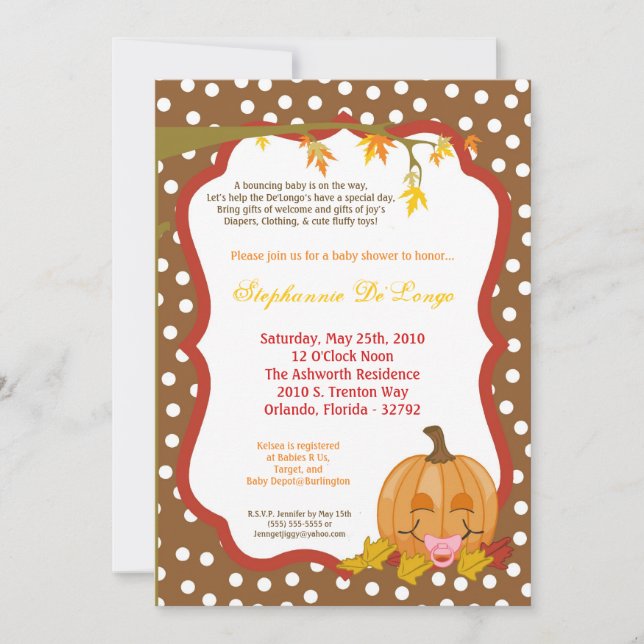 Invitación Baby Shower de la calabaza de otoño de  (Anverso)