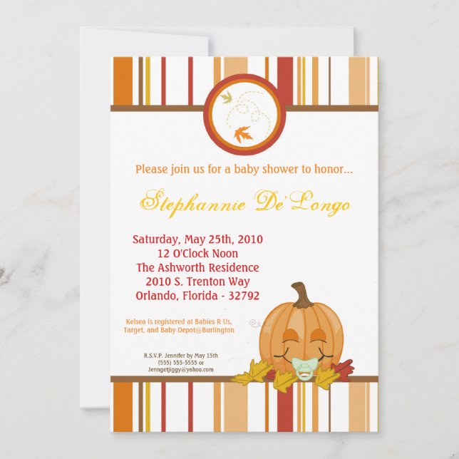 Invitación Baby Shower de la calabaza de otoño de  (Anverso)