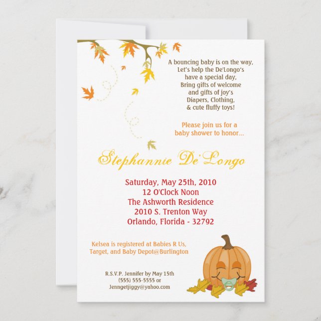 Invitación Baby Shower de la calabaza de otoño de  (Anverso)