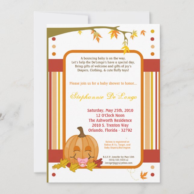Invitación Baby Shower de la calabaza de otoño de  (Anverso)