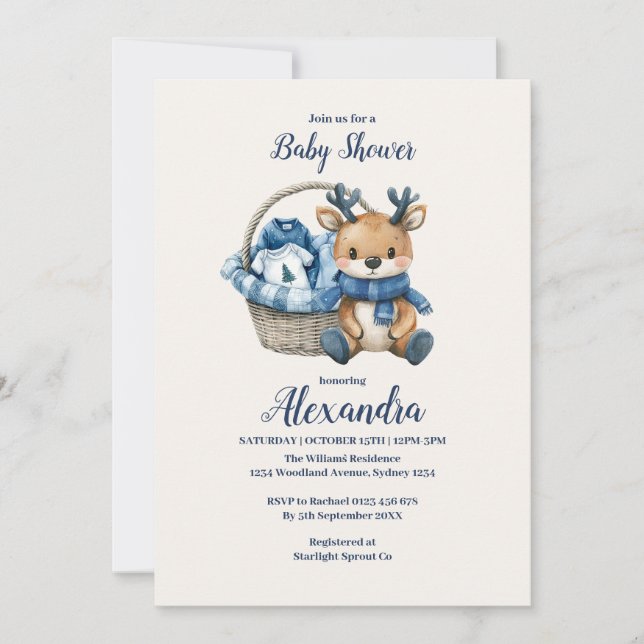 Invitación Baby Shower de la cesta de renos azules (Anverso)