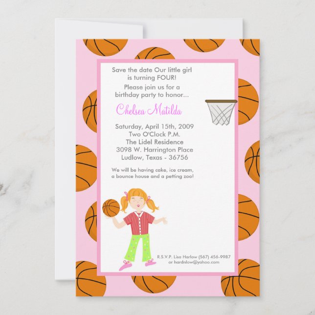 Invitación Baby Shower de la cesta deportiva Chica (Anverso)