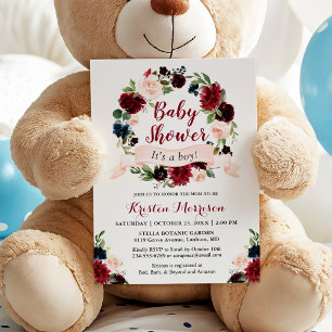Invitación Baby Shower de la cinta de la flor azul borgoñona