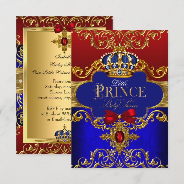 Invitación Baby Shower de la Corona Real Azul Rojo (Anverso / Reverso)