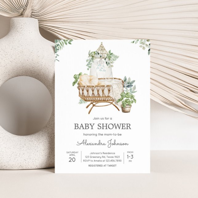 Invitación Baby Shower de la cuna del bebé Boho (Boho Baby Crib Eucalyptus Baby Shower Invitation)
