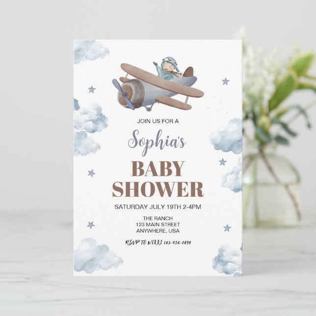 Invitación Baby Shower de la estrella de viajes Sky Boy Blue  (Anverso de pie)