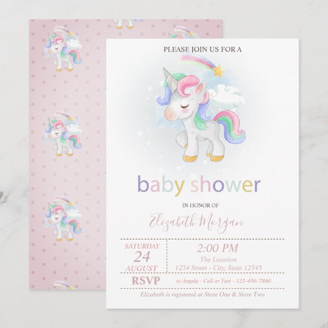 Invitación Baby Shower de la estrella del arco iris de Unicor (Anverso / Reverso)
