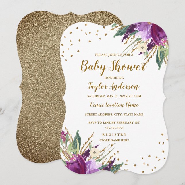 Invitación Baby Shower de la flor acuática Purple Gold (Anverso / Reverso)