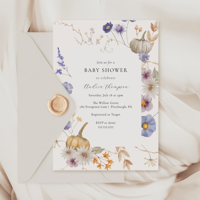Invitación Baby Shower de la flor del perwinkle de calabaza (Subido por el creador)