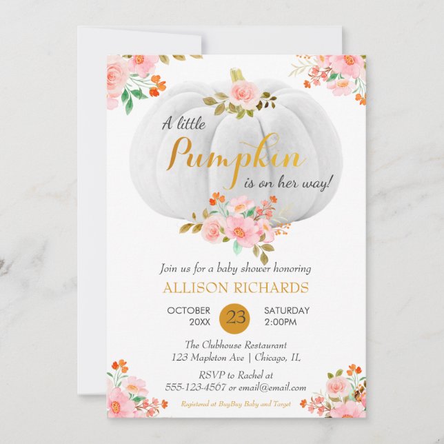 Invitación Baby Shower de la flor rosada de calabaza dorada (Anverso)