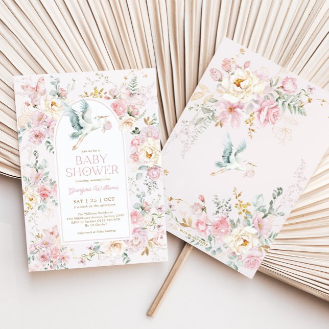 Invitación Baby Shower de la flor silvestre de la cigüeña ros (Subido por el creador)