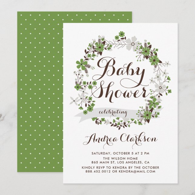Invitación Baby Shower de la flor verde bonito y gris (Anverso / Reverso)