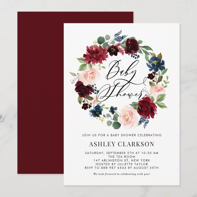 Invitación Baby Shower de la floral borgoña y azul (Anverso / Reverso)