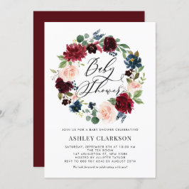 Invitación Baby Shower de la floral borgoña y azul